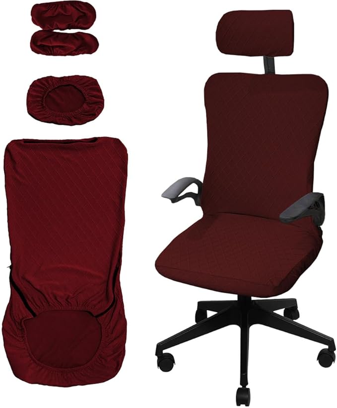 Ergonomic Office Chair Covers Set with Headrest Cover Stretch Desk Computer Chair and Headrest Slipcovers Washable Protector Slipcovers for Swivel Computer Chair 4 Pieces Wine Red