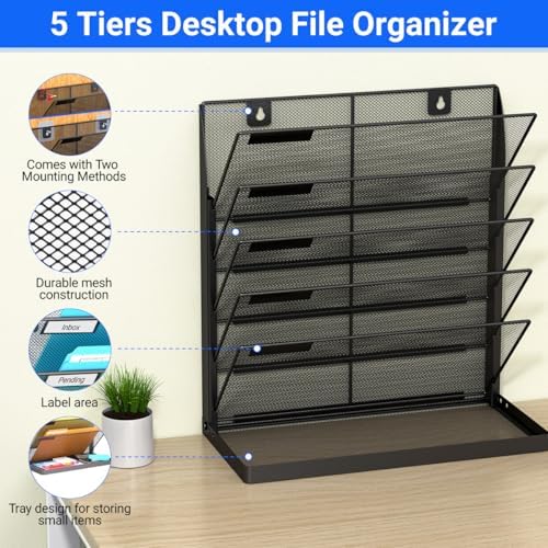 Legal/Letter Size 6 Tier Wall File Organizer,2-in-1 Wall Mounted&Desktop File Holder,2 Installation Methods Screws & Adhesive,Mesh Document Organizer with Label Plate for Home Office