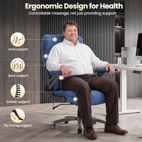 Big and Tall Office Chair with Kneading Massage, Comfy and Heavy Duty (Fabric Blue)