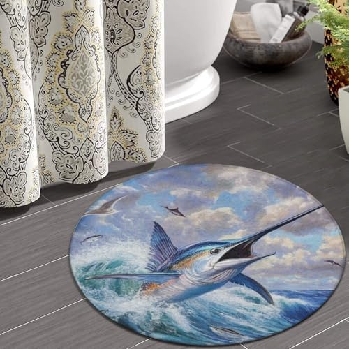 Home Decor Non Slip Kitchen Office Circle Rug, Machine Washable Modern Round Area Rug, Room Sofa Yoga Soft Round Carpet Whimsical Fish Painting, 60inch
