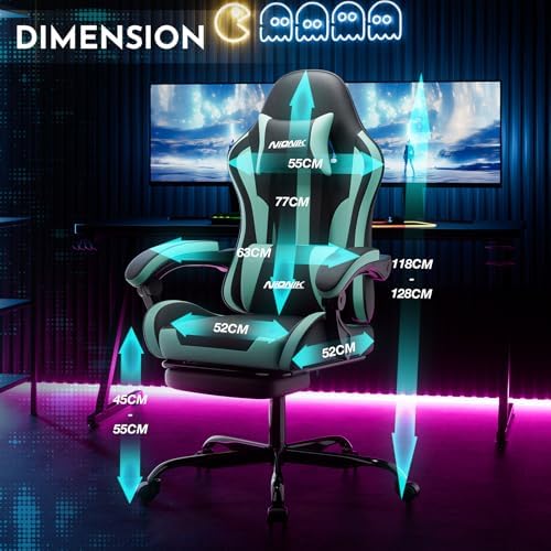 Gaming Chair, Ergonomic Computer Chair with Footrest and Lumbar Support, Height Adjustable Game Chair with 360°-Swivel Seat and Headrest and for Office or Gaming BLACKMINTGREEN