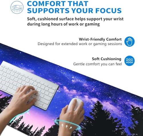 Extended Galaxy Desk Mat, XXL Large Gaming Mouse Pad, Purple Starry Sky Forest Stitched Edges Waterproof with Non-Slip Rubber Base for Computer Keyboard Laptop Work Home Office 35.4"x15.7"