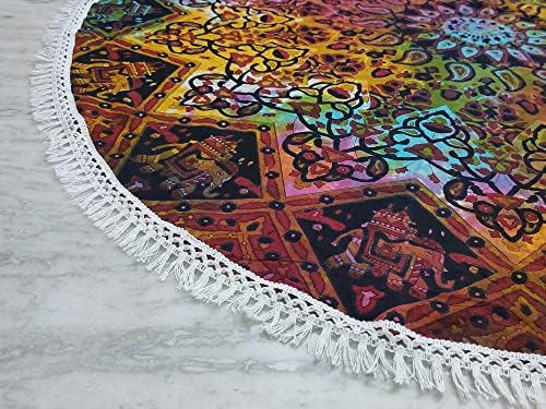 Round Beach Tapestry Turquoise Mandala Throw/Boho Hippie Beach Blanket Roundie/Indian Cotton Bohemian Large Round Table Cloth-Home Decor/Yoga Mat Meditation Picnic Rug (42", Multi Blue)