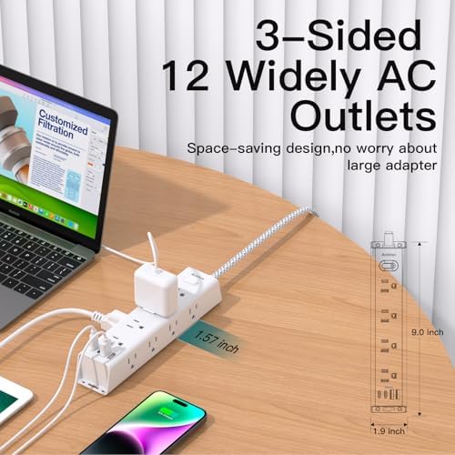 Power Strip Surge Protector with 12 AC Outlets 4 USB, 5FT Extension Cord