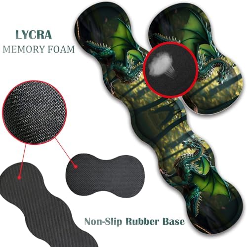 4 in 1 Mouse Pad Combo, Large Gaming Mouse Pad + Keyboard Wrist Support + Mouse Wrist Rest + Coaster, Table Pad 31.5 "x 11.8" with Memory Foam Ergonomic Wrist Pad Set, Forest Green Dragon