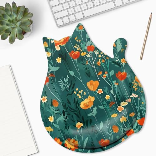 Ergonomic Mouse Pad with Wrist Rest, Cute Cat Memory Foam Padded Pain Relief Non-Slip Wrist Support Mouse Mat for Gaming Work Computer Laptop, Funny Office Supplies Desk Accessory, Cute Flower