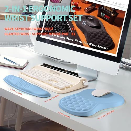 2-in-1 Ergonomic Set, Wave Rise Keyboard Wrist Rest and Massage Bulge Slope Mouse Pad Wrist Support, Cushion Memory Foam Integrated to Relieve Wrist Pain, Lake Blue