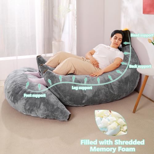Banana Bean Bag Chair with Ottoman, Floor Sofa Bed with Footrest, Comfy Convertible Lounger for Adults, Plush Couch for Bedroom, Living Room or Dorm, L-Grey