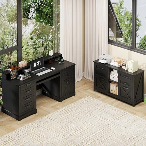 Halitaa Farmhouse Lateral File Cabinet with 6 Drawers, Rustic Black