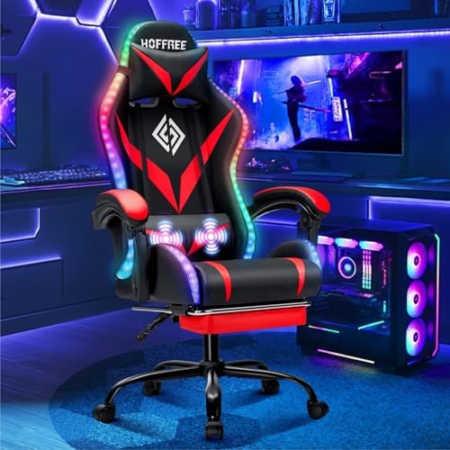 RGB Gaming Chair with Massage & Footrest Racing Style Computer Chair-Red
