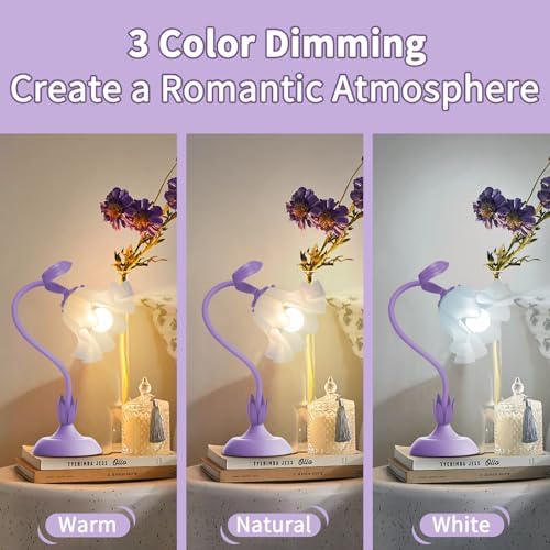 Women Bedside Table Lamps for Bedroom, Cute Flower Desk Lamp with Adjustable Flexible Gooseneck, 3 Color Temperatures Nightstand Lamp with E26 LED Bulbs, Floral Lamp for Living Room, Office,Reading