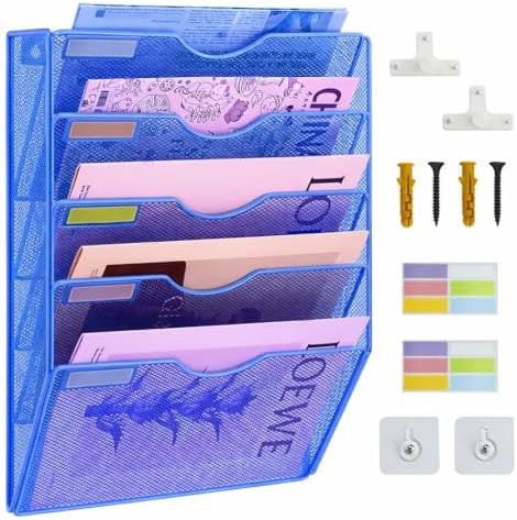 5 Pockets Mesh Wall File Holder Organizer Office Hanging File Folder Magazine Rack, Nametag Label Hooks Set Included (Blue)