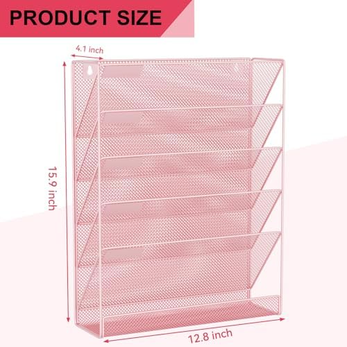 Wall File Organizer Holder Mesh Hanging Paper Document Holder, Vertical 6 Pocket Tier for Office Home, Light Pink