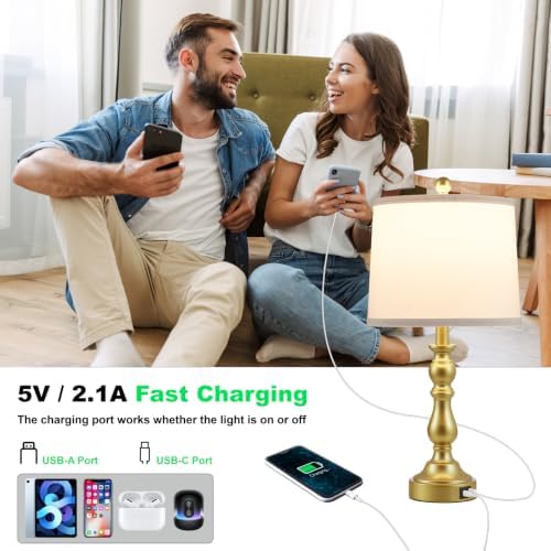 Gold Table Lamps Set of 2, Gold Lamps for Bedroom, USB C+A Ports