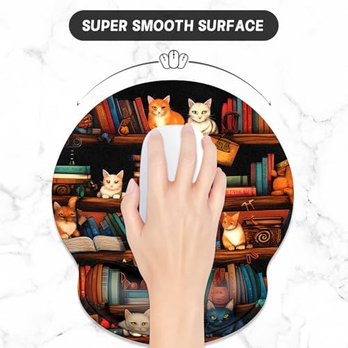 ITNRSIIET Ergonomic Mouse Pad with Wrist Support Wrist Rest Smooth Surface Non-Slip Rubber Base Comfortable Office Supplies Pain Relief, 9.8 x 9.1 inches, Cat on the Desk