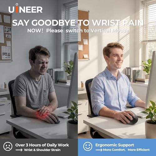 Uineer Vertical Ergonomic Mouse, Wireless Bluetooth Mouse, 3-Device