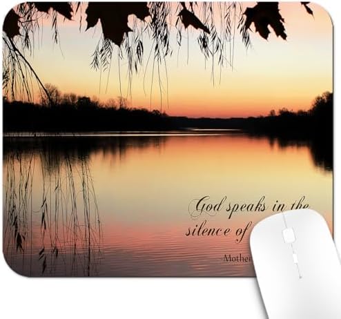 9.5x7.9 Inch Office/Gaming Mouse Pad, God Speaks in The Silence of The Heart Inspirational Quote, Serene Lake Scene at Sunset Christian Bible Verse Scripture Cute Anti-Slip Mat for Desk
