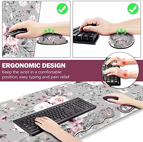 Upgraded Extended Gaming Mouse Pad, Keyboard Wrist Rest Pad, Wrist Support Mousepad Set, Artso Large Stable Rubber Base Stitched Edges, Multifunctional Desk Pad (35 x15.5 in) for Work, Game, Grey Rose