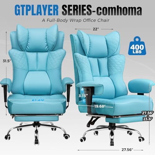 GTPLAYER Big and Tall Office Chair, Wide Ergonomic Gaming Chair with Deluxe Embossing Designed Leather with Foot Rest,150°Reclining Adjustable Soft Armrests Pocket Spring Back Support and Pillow