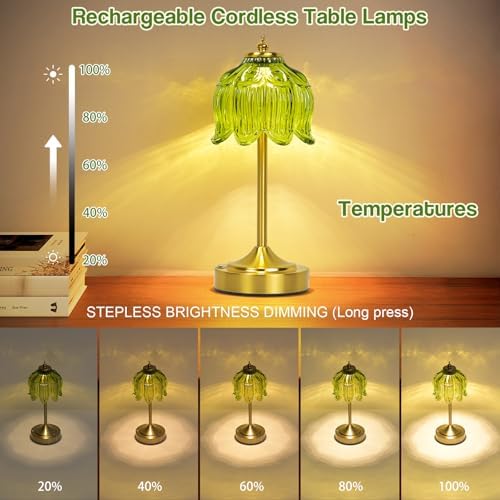 Cordless Table Lamp, Rechargeable Green Glass Lotus Flower Lamp