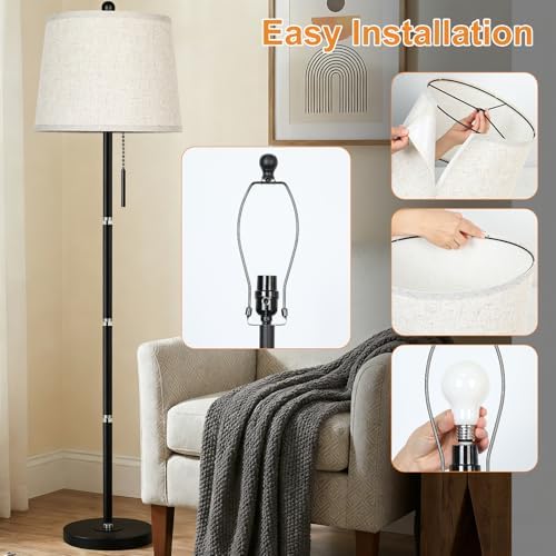 JUNNAI 【Upgraded】 Modern Black Floor Lamp 63in Standing Lamp for Living Room Bedroom Office 3 Way Brightness Dimmable Tall Pole Light with Beige Linen Shade Metal Shade 8W 3000K LED Bulb Included