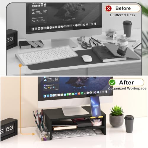 TEAMIX 2 Tiers Wood Monitor Stand Riser with Phone Holder & Side Pen Holder