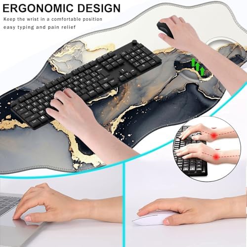 Mouse Pad with Wrist Support + Desk Mat + Coaster 3 in 1 Set, XXL Large Gaming Mousepad Ergonomic Mouse Pads for Desk Computer Laptop Office,Black Gold Marble
