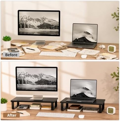 XINYAO 2 Pack Monitor Riser for Desk, Wood and Steel, 16*12*3 inch, Black