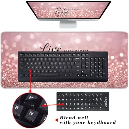 Keyboard Wrist Rest and Mouse Pad with Wrist Support Set Ergonomic Coaster,Memory Foam,Easy Typing Pain Relief,Large XL Desk Mat 31.5"x 11.8",Rose Gold Glitter Quote Live Laugh Love