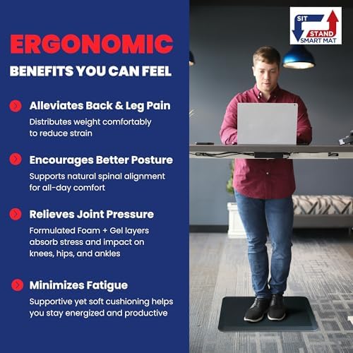 Patented One Foot Moveable Premium Ergonomic Anti-Fatigue Foam & Gel Mat for Adjustable-Height Office Desks, Kitchen Floors, and Home Use, Made in USA, Charcoal Black for Carpet
