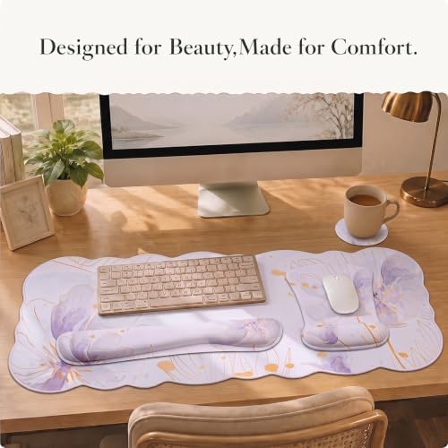 Scalloped Desk Mat 4-in-1 Set, XXL Large Wave Edge Mouse Pad with Gel Wrist Rest, Memory Foam Keyboard Wrist Rest & Coaster, Watercolor Floral Aesthetic Desk Pad for Women