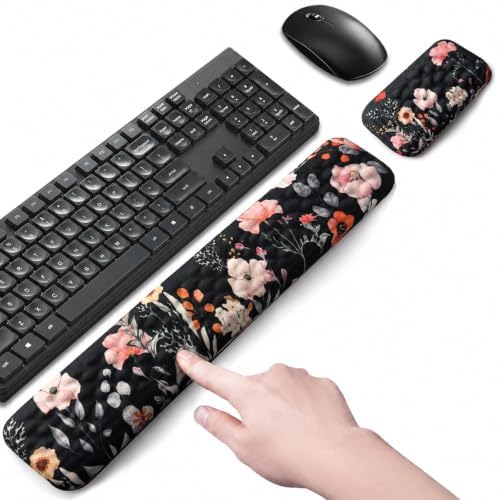 Keyboard Wrist Rest Mouse Wrist Support, Memory Foam Wrist Rest Pad for Computer Laptop, Ergonomic Wrist Cushion Support for Typing Pain Relief, Gaming Home Office, Flower Black