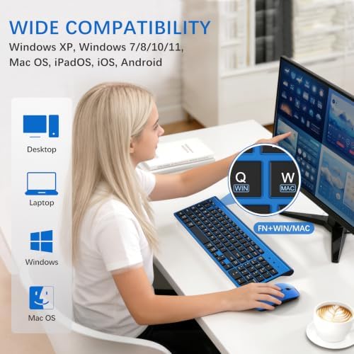 Wireless Keyboard and Mouse Ultra Slim Combo with Dual System - Blue Black