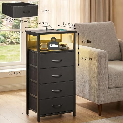 Fixwal Night Stand with Charging Station, Black Led Nightstand, 4 Drawers