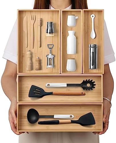 BAMOTTO CRAFTBAMBOO Stackable Bamboo Drawer Organizer Set of 5 for Kitchen