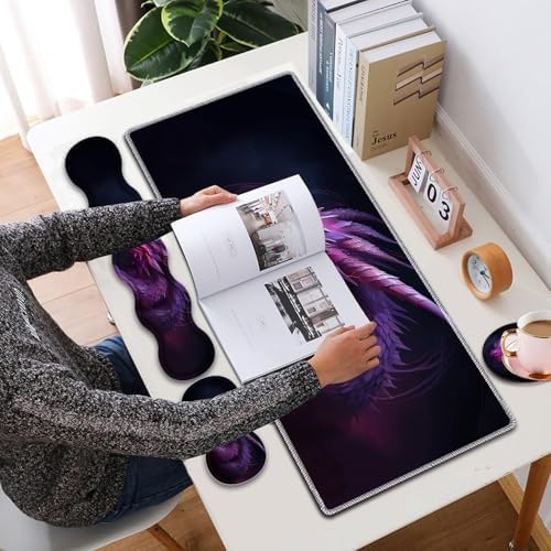 4 in 1 Mouse Pad Combo, Large Gaming Mouse Pad + Keyboard Wrist Support + Mouse Wrist Rest + Coaster, Table Pad 31.5 "x 11.8" with Memory Foam Ergonomic Wrist Pad Set, Flame Eyes Purple Dragon