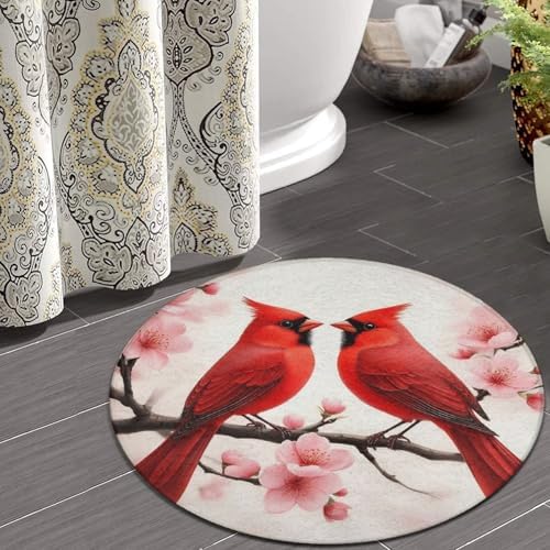 Soft Round Yoga Carpet, Large Home Decor Mat, Non Slip Machine Washable Kitchen Office Circle Rug Cherry Flower Floral Blossom Red Cardinal Branch