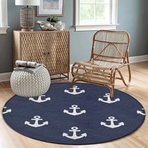 Room Sofa Yoga Soft Round Carpet, Home Decor Non Slip Kitchen Office Circle Rug, Machine Washable Modern Round Area Rug Nautical Anchor Navy