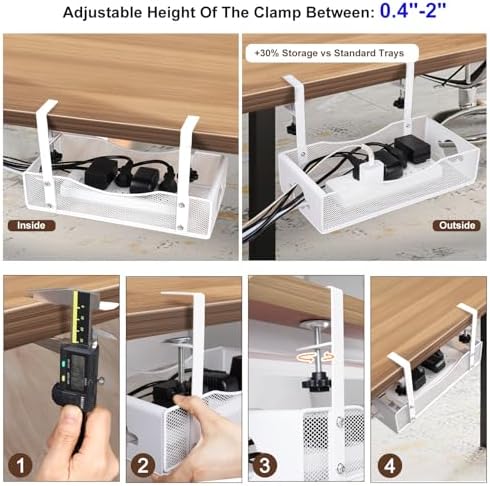 Extra Wide Under Desk Cable Management - 7inch No Drill Installation Cable Management Tray, Clamp/Screw Mount Desk Cable Management, Cable Management Tray for Office, Home((White, XL) (Pack of 2)