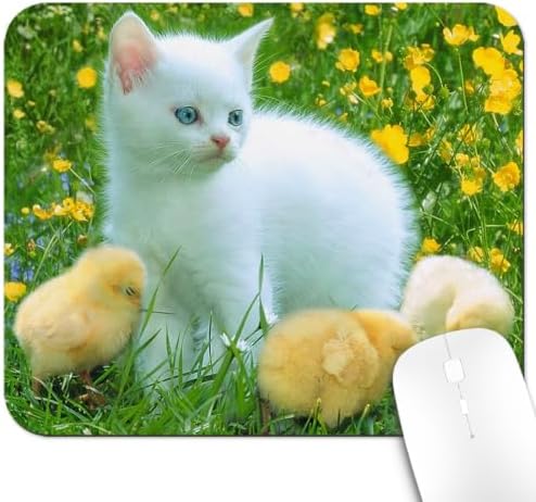 9.5x7.9 Inch Office/Gaming Mouse Pad, Lovely White Kitten and Chicks in a Blooming Meadow Adorable Pets Funny Scene Cute Anti-Slip Mat for Desk