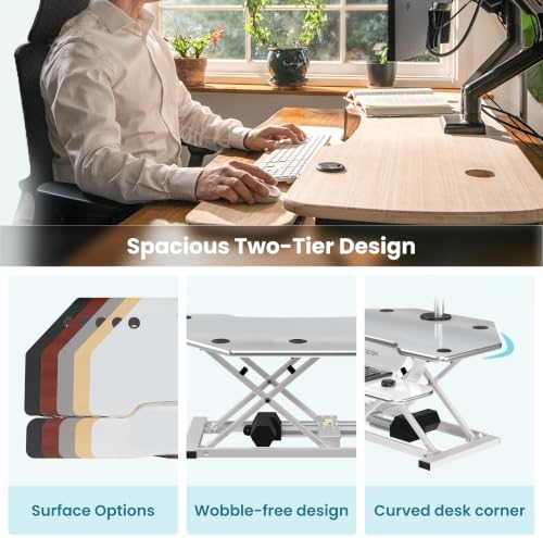 VERSADESK PowerPro 36 Inch Electric Corner Standing Desk Converter, Motorized Height Adjustable Sit-Stand Desk Riser, Dual Monitor & Laptop Workstation with Keyboard Tray, White