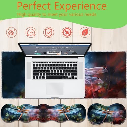 4 in 1 Mouse Pad Combo, Large Gaming Mouse Pad + Keyboard Wrist Support + Mouse Wrist Rest + Coaster, Table Pad with Stitched Edge Ergonomic Wrist Pad Set, Art Dragonfly