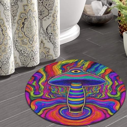 Home Decor Non Slip Kitchen Office Circle Rug, Machine Washable Modern Round Area Rug, Room Sofa Yoga Soft Round Carpet Trippy Mushroom Rainbow Tie Dye Art, 24inch