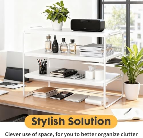 ShellKingdom Desk Shelf Organizer, 3 Tier Desktop Shelves, Adjustable Bookshelf Storage Rack and Office Cubicle Decor for Tabletop, School, Office, Dorm Organization (White)
