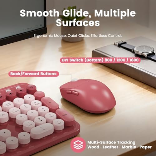 Wireless Keyboard and Mouse Combo, Retro Round Keycaps, Full-Size Stylish Typewriter Keyboard with Large Phone/Tablet Holder, 3-Level DPI Ergonomic Mouse, 2.4GHz Cordless for Windows PC, Rose Pink
