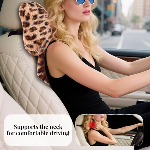 2 Pack Bow Car Headrest Pillow Comfortable Soft Plush Head Rest Cushion, Neck Pillow for Driving Office Use and Car Interior Decoration (Leopard)