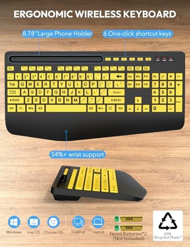 SABLUTE Wireless Keyboard and Mouse Combo with Large Print, Ergo Wrist Rest