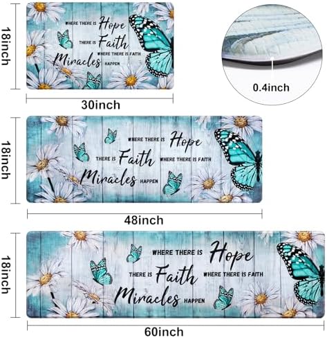 Likiyol Butterfly Floral Kitchen Mats for Farmhouse, Non Slip, Washable Anti Fatigue Mats - White Daisy Rugs, 18'' x 30'' + 18'' x 48'' + 18'' x 60''