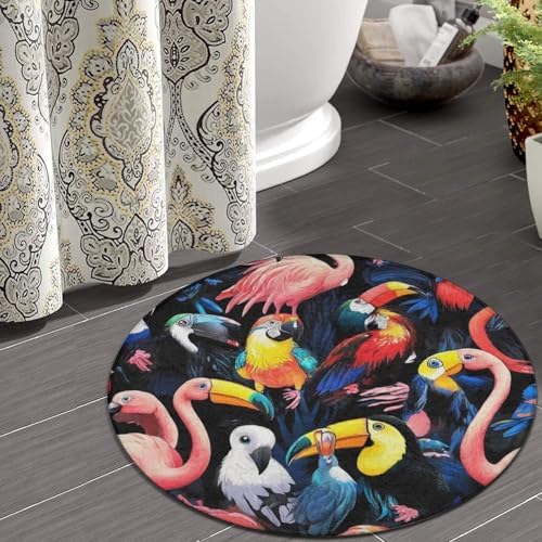Large Round Area Rug Home Decor Modern Bathroom Rug Kitchen Office Circle Rug for Living Room Sofa Circle Cute Mat Exotic Birds Parrot Flamingo Art, 36inch