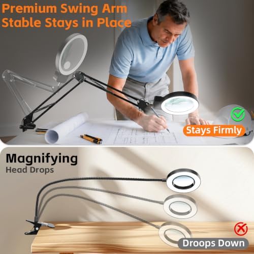 12X 30X Large Magnifying Glass with Light and Clamp,Stand Lighted Magnifier